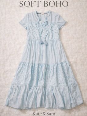 Kate & Sam Blue Swiss Dot Boho Tiered Midi Dress Tassel